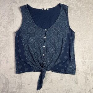 Lucky Brand Navy Blue Geometric Print Button Front Tie Hem Tank Top Small